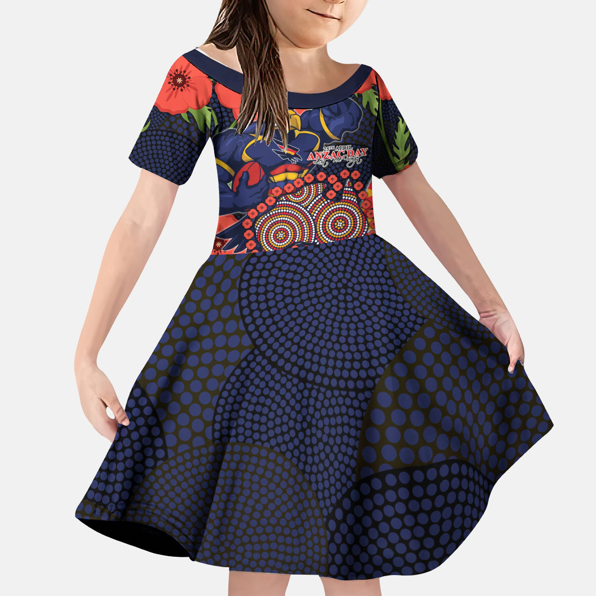 Adelaide Crows ANZAC Day Tribute Kid Short Sleeve Dress Indigenous Dot Art Poppy Remembrance Football Warrior