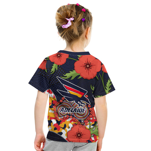 Adelaide Crows ANZAC Day Tribute Kid T Shirt Indigenous Dot Art Poppy Remembrance Football Warrior