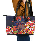 Adelaide Crows ANZAC Day Tribute Leather Tote Bag Indigenous Dot Art Poppy Remembrance Football Warrior
