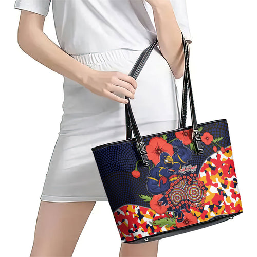 Adelaide Crows ANZAC Day Tribute Leather Tote Bag Indigenous Dot Art Poppy Remembrance Football Warrior
