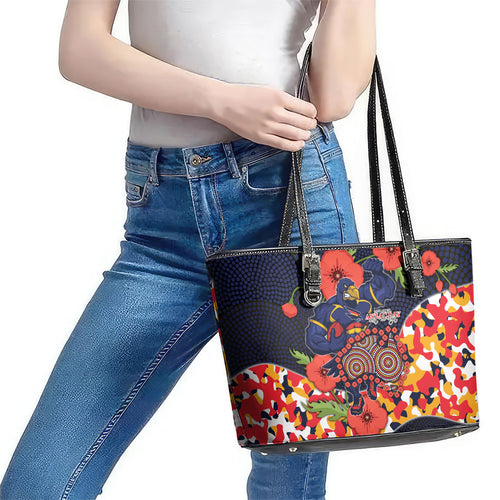 Adelaide Crows ANZAC Day Tribute Leather Tote Bag Indigenous Dot Art Poppy Remembrance Football Warrior