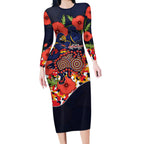 Adelaide Crows ANZAC Day Tribute Long Sleeve Bodycon Dress Indigenous Dot Art Poppy Remembrance Football Warrior