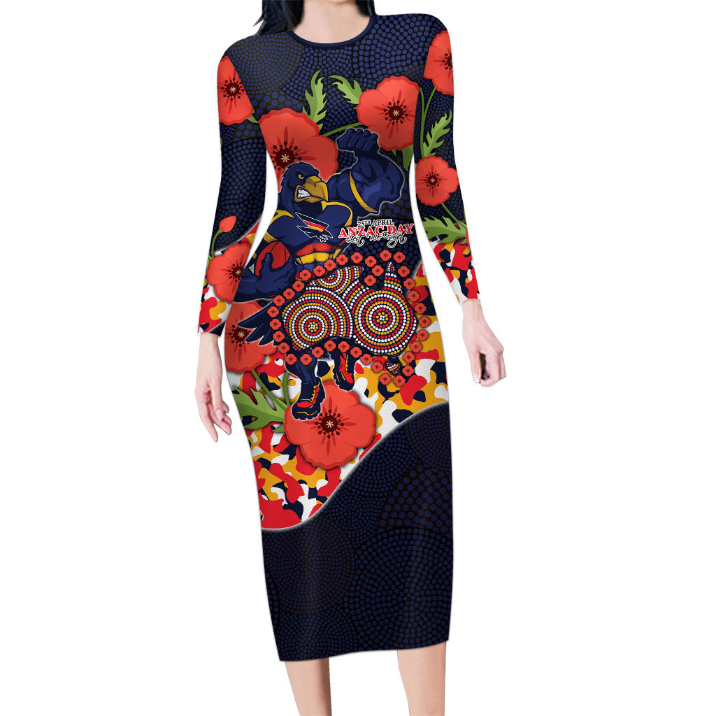 Adelaide Crows ANZAC Day Tribute Long Sleeve Bodycon Dress Indigenous Dot Art Poppy Remembrance Football Warrior