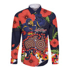 Adelaide Crows ANZAC Day Tribute Long Sleeve Button Shirt Indigenous Dot Art Poppy Remembrance Football Warrior