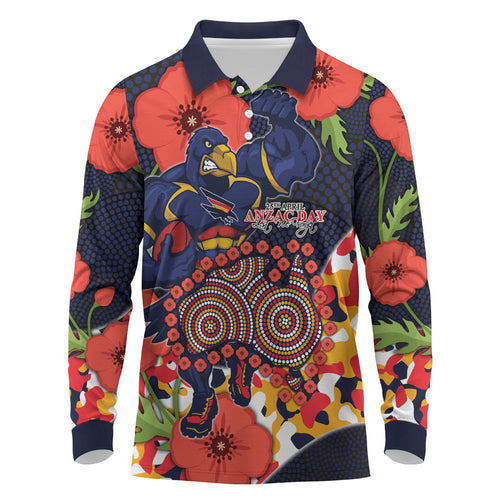 Adelaide Crows ANZAC Day Tribute Long Sleeve Polo Shirt Indigenous Dot Art Poppy Remembrance Football Warrior