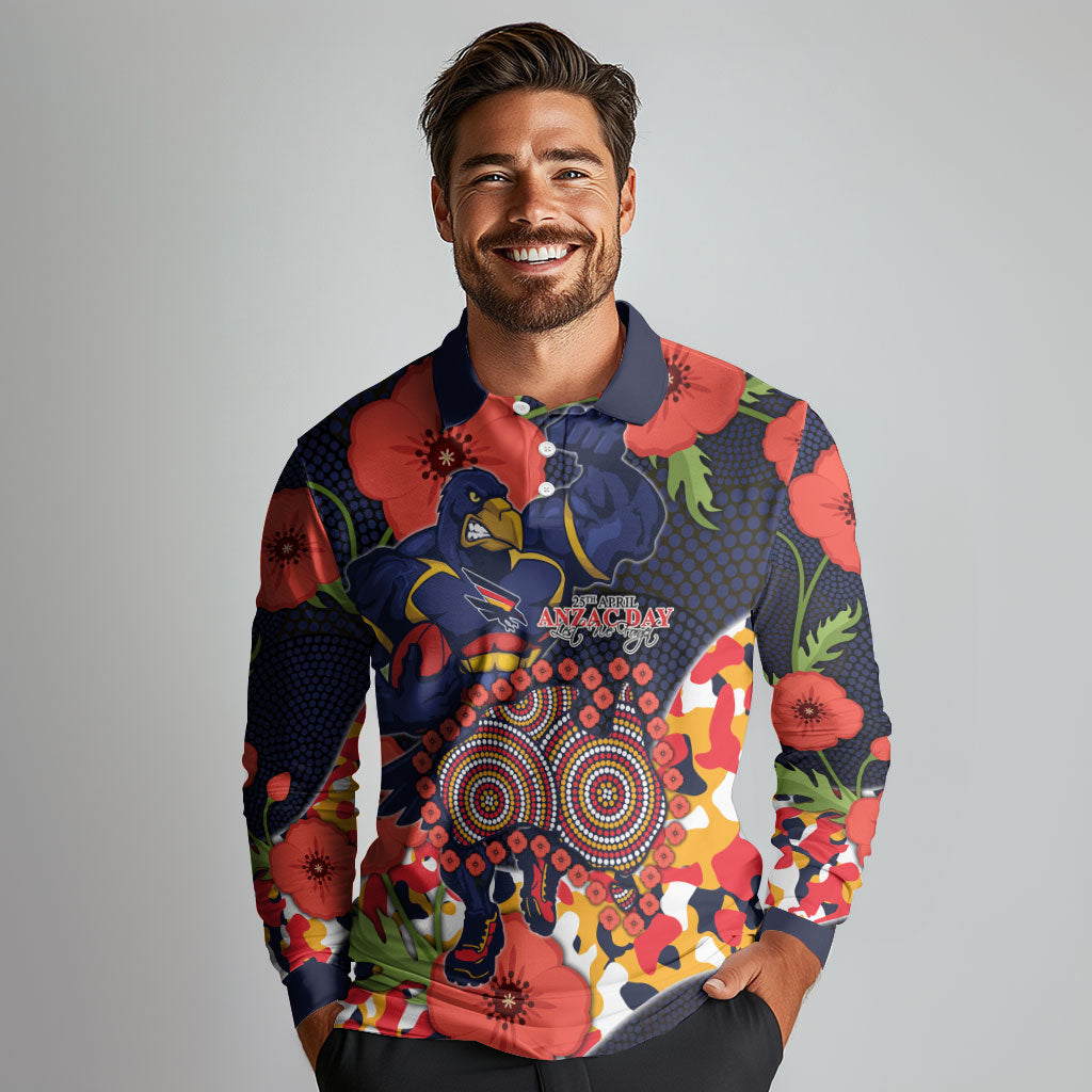 Adelaide Crows ANZAC Day Tribute Long Sleeve Polo Shirt Indigenous Dot Art Poppy Remembrance Football Warrior