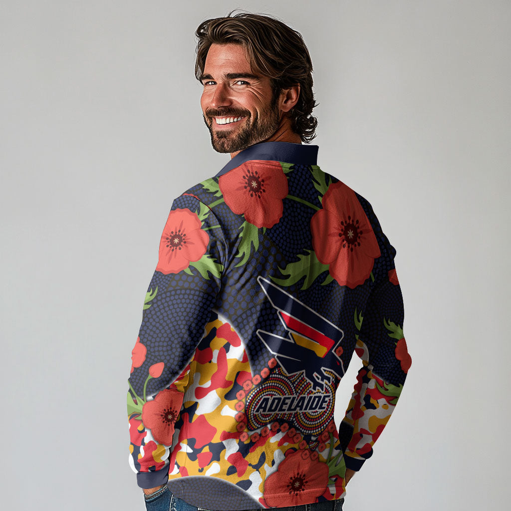 Adelaide Crows ANZAC Day Tribute Long Sleeve Polo Shirt Indigenous Dot Art Poppy Remembrance Football Warrior