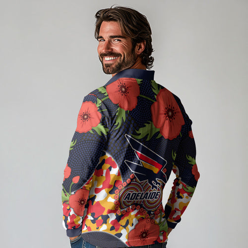 Adelaide Crows ANZAC Day Tribute Long Sleeve Polo Shirt Indigenous Dot Art Poppy Remembrance Football Warrior