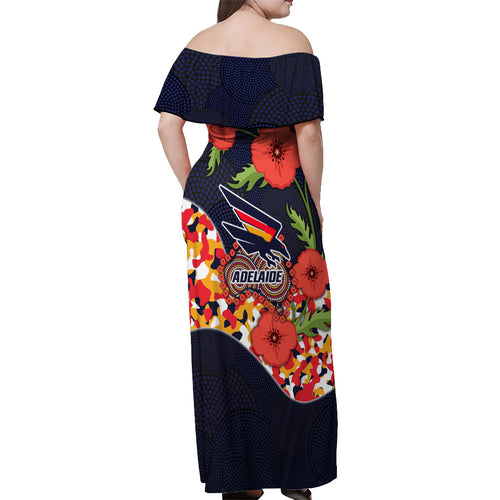 Adelaide Crows ANZAC Day Tribute Off Shoulder Maxi Dress Indigenous Dot Art Poppy Remembrance Football Warrior