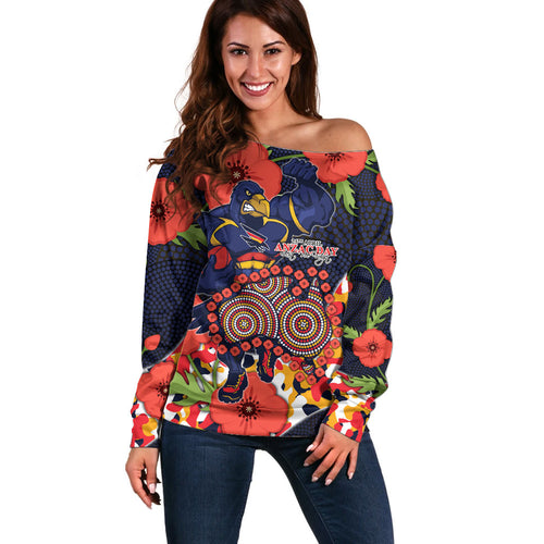 Adelaide Crows ANZAC Day Tribute Off Shoulder Sweater Indigenous Dot Art Poppy Remembrance Football Warrior