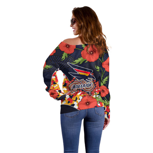 Adelaide Crows ANZAC Day Tribute Off Shoulder Sweater Indigenous Dot Art Poppy Remembrance Football Warrior