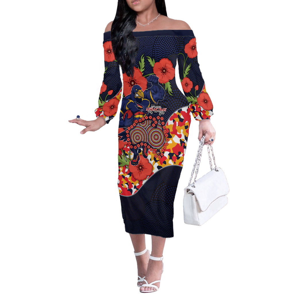 Adelaide Crows ANZAC Day Tribute Off The Shoulder Long Sleeve Dress Indigenous Dot Art Poppy Remembrance Football Warrior