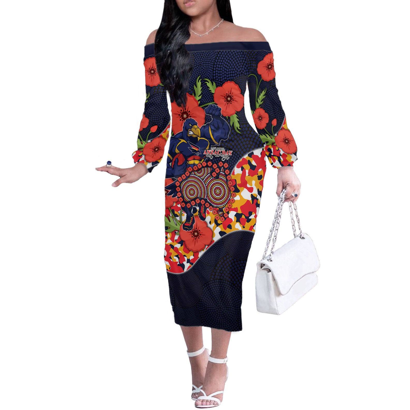 Adelaide Crows ANZAC Day Tribute Off The Shoulder Long Sleeve Dress Indigenous Dot Art Poppy Remembrance Football Warrior
