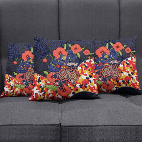 Adelaide Crows ANZAC Day Tribute Pillow Cover Indigenous Dot Art Poppy Remembrance Football Warrior