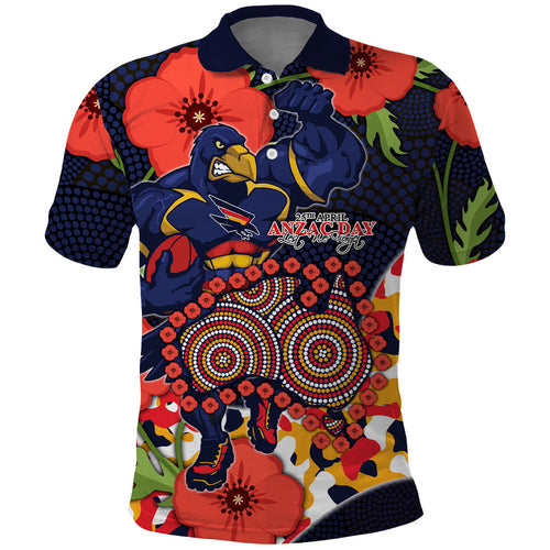Adelaide Crows ANZAC Day Tribute Polo Shirt Indigenous Dot Art Poppy Remembrance Football Warrior