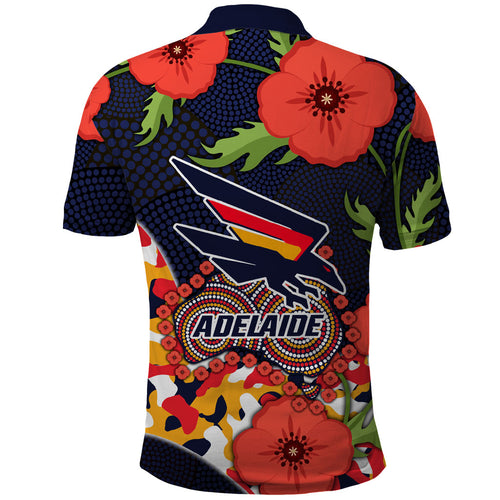 Adelaide Crows ANZAC Day Tribute Polo Shirt Indigenous Dot Art Poppy Remembrance Football Warrior