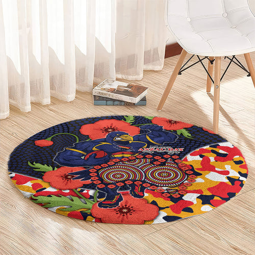 Adelaide Crows ANZAC Day Tribute Round Carpet Indigenous Dot Art Poppy Remembrance Football Warrior