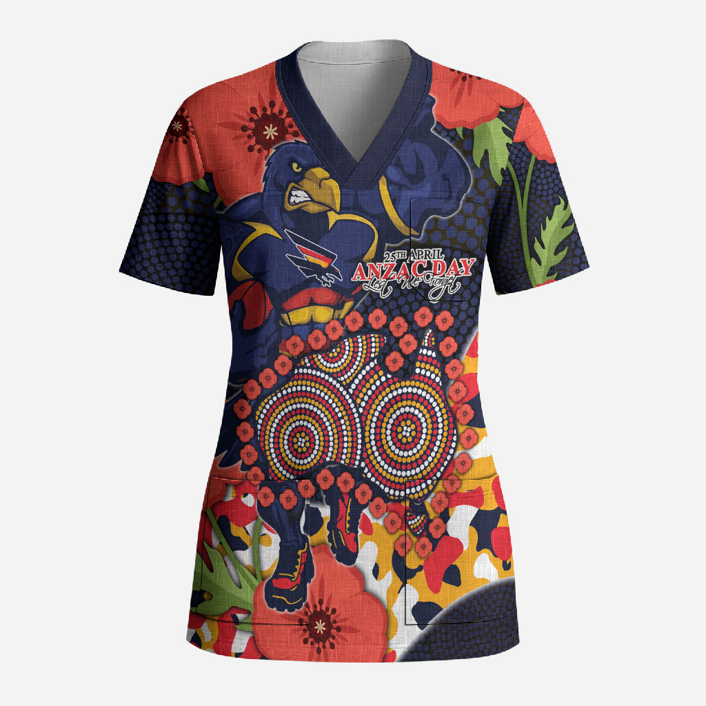 Adelaide Crows ANZAC Day Tribute Scrub Top Indigenous Dot Art Poppy Remembrance Football Warrior