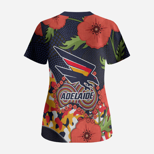 Adelaide Crows ANZAC Day Tribute Scrub Top Indigenous Dot Art Poppy Remembrance Football Warrior