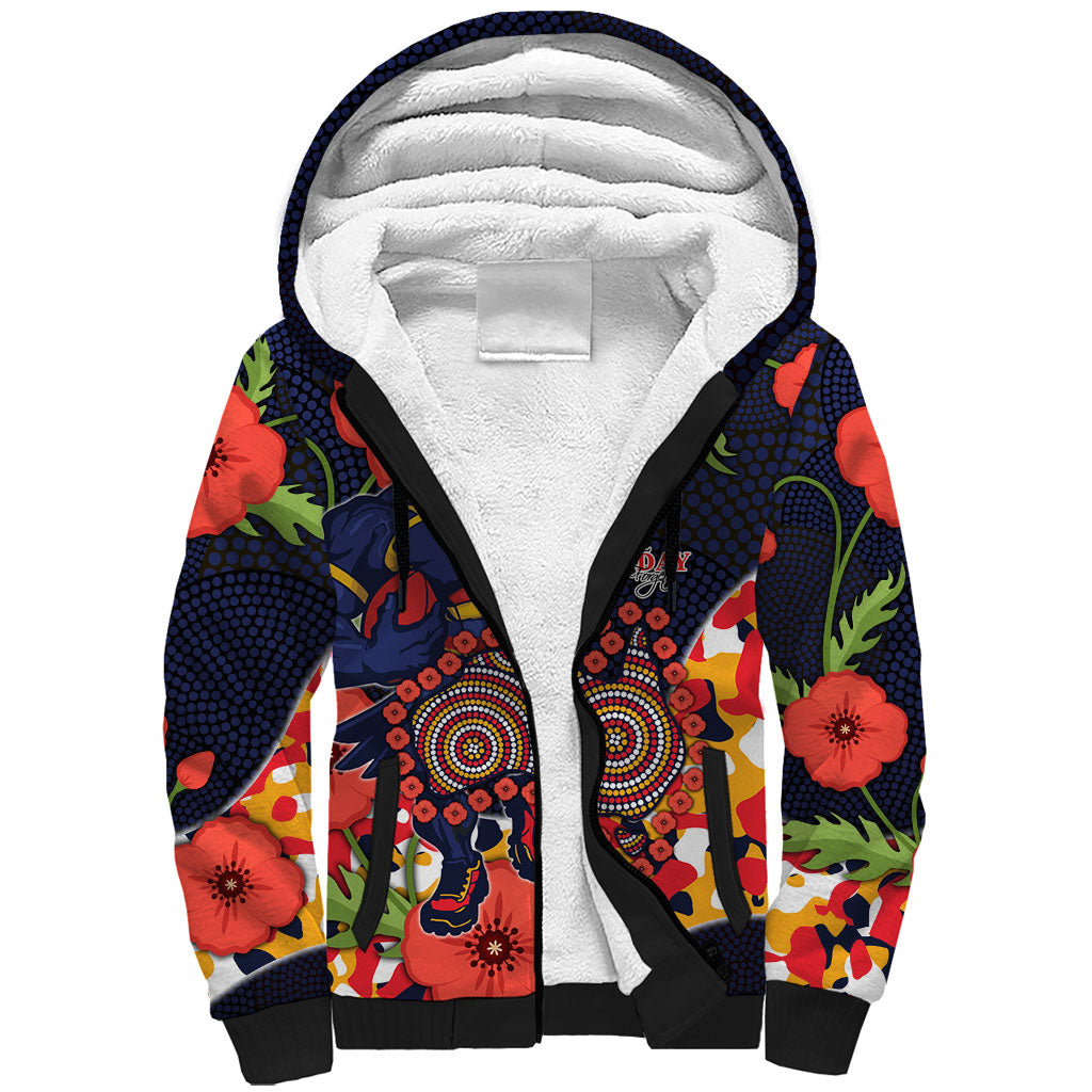 Adelaide Crows ANZAC Day Tribute Sherpa Hoodie Indigenous Dot Art Poppy Remembrance Football Warrior