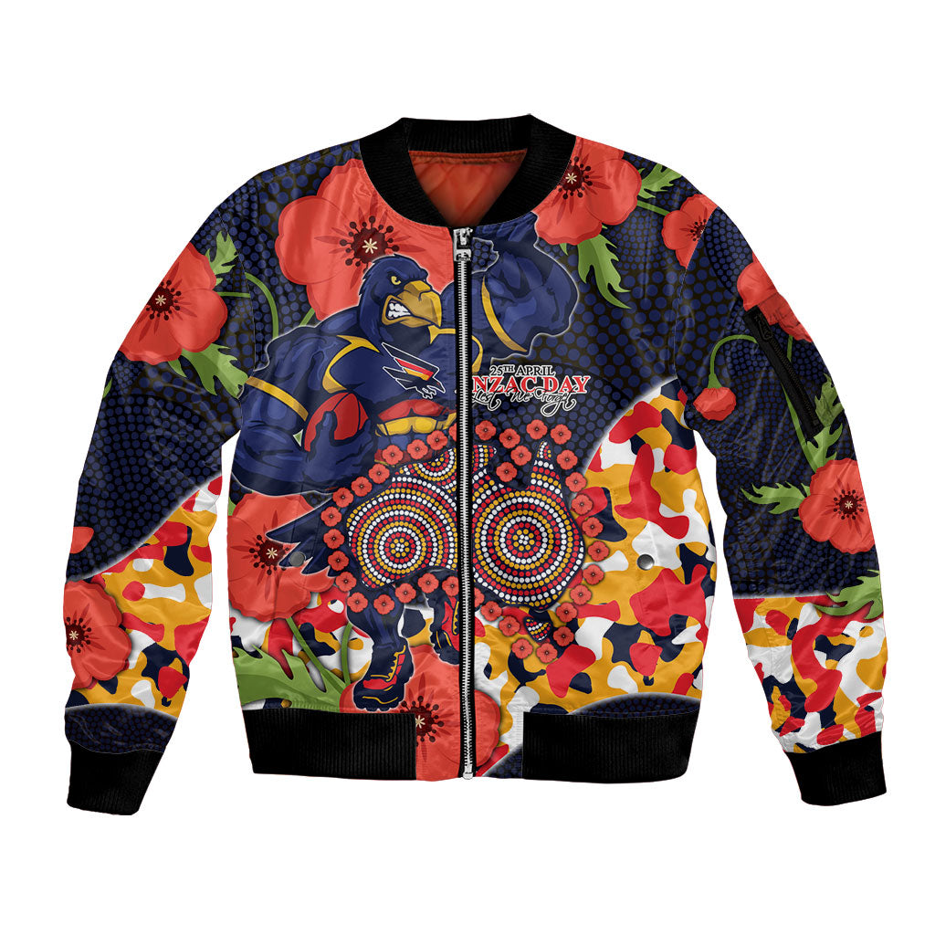 Adelaide Crows ANZAC Day Tribute Sleeve Zip Bomber Jacket Indigenous Dot Art Poppy Remembrance Football Warrior