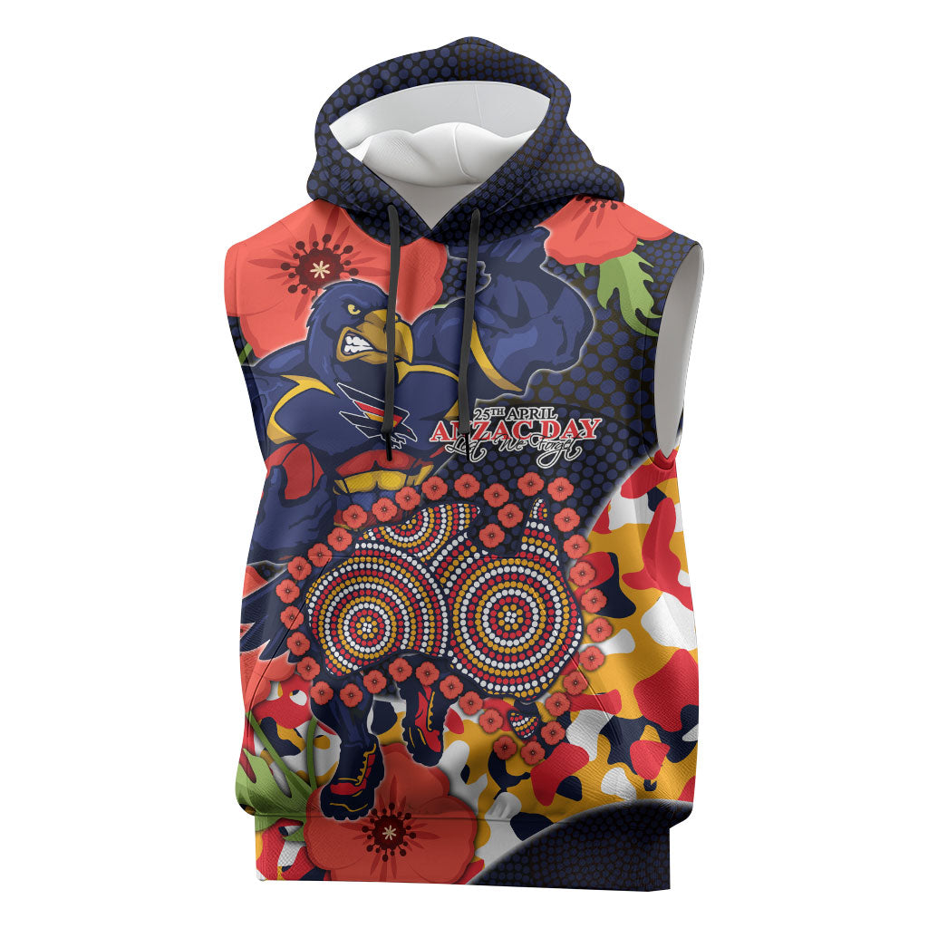 Adelaide Crows ANZAC Day Tribute Sleeveless Hoodie Indigenous Dot Art Poppy Remembrance Football Warrior