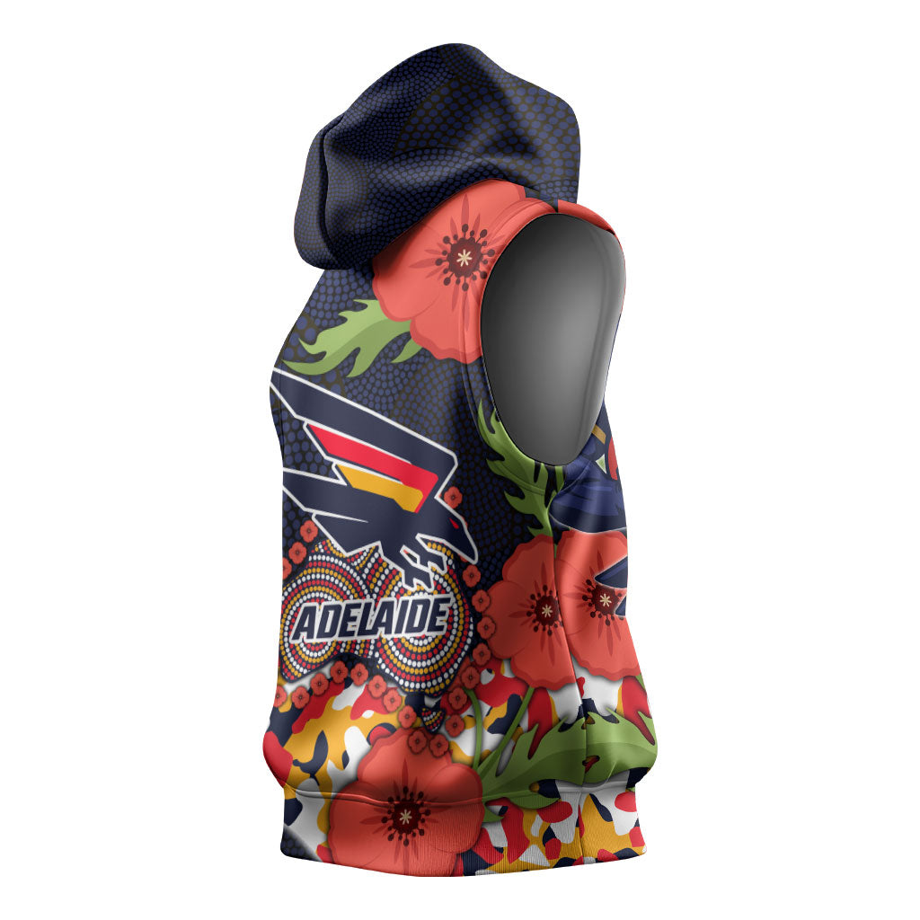 Adelaide Crows ANZAC Day Tribute Sleeveless Hoodie Indigenous Dot Art Poppy Remembrance Football Warrior