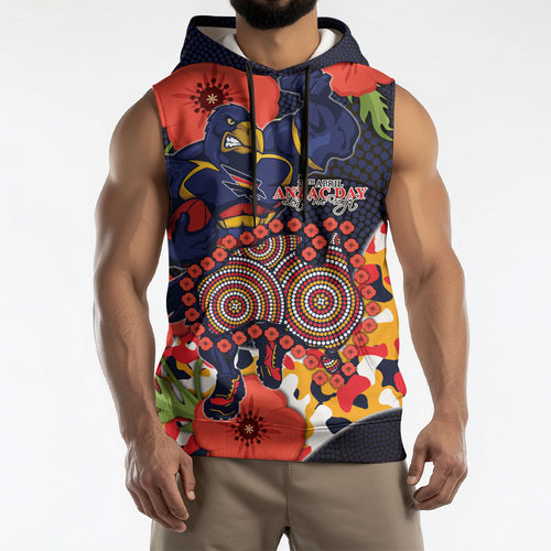 Adelaide Crows ANZAC Day Tribute Sleeveless Hoodie Indigenous Dot Art Poppy Remembrance Football Warrior