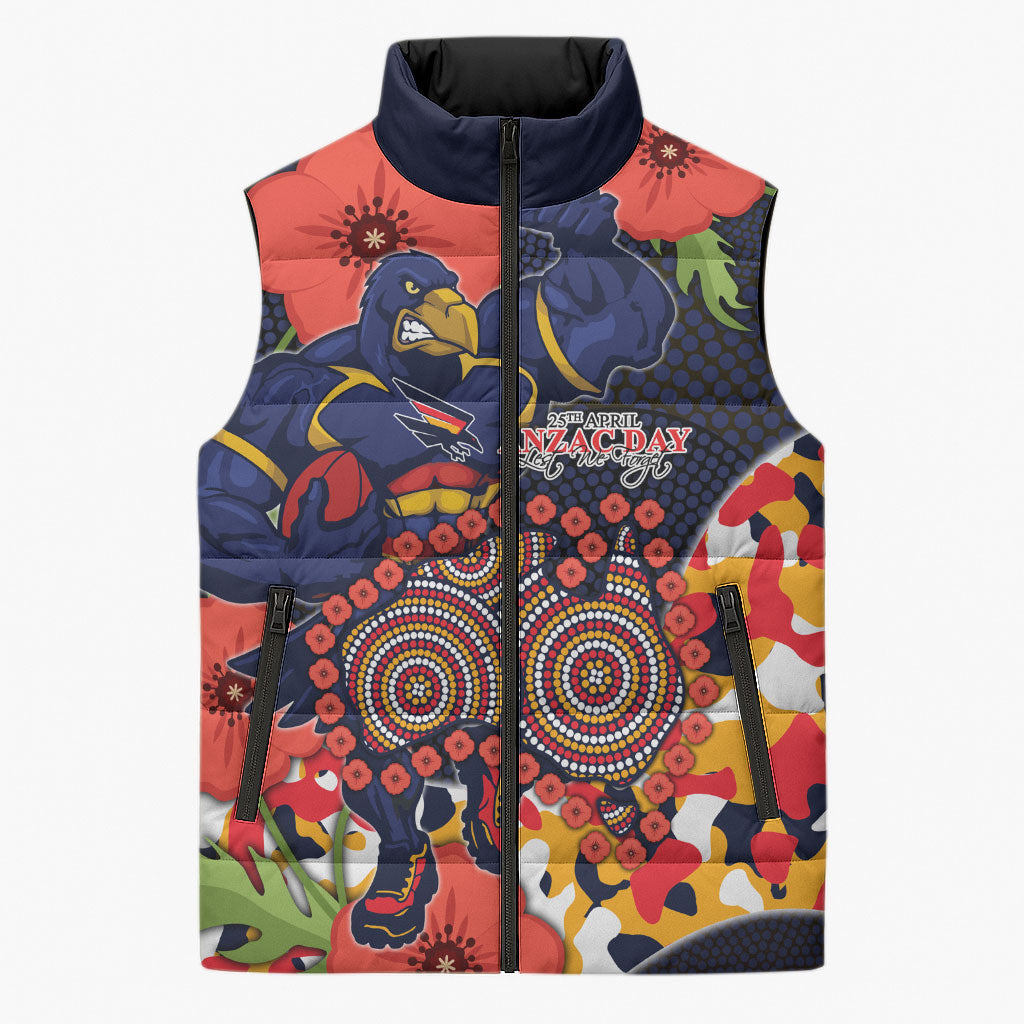 Adelaide Crows ANZAC Day Tribute Sleeveless Puffer Jacket Indigenous Dot Art Poppy Remembrance Football Warrior