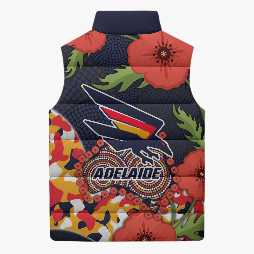 Adelaide Crows ANZAC Day Tribute Sleeveless Puffer Jacket Indigenous Dot Art Poppy Remembrance Football Warrior
