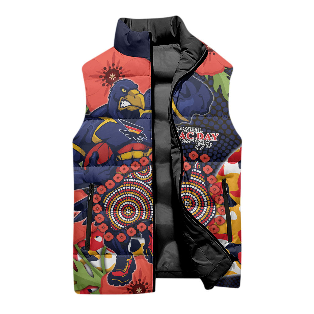 Adelaide Crows ANZAC Day Tribute Sleeveless Puffer Jacket Indigenous Dot Art Poppy Remembrance Football Warrior