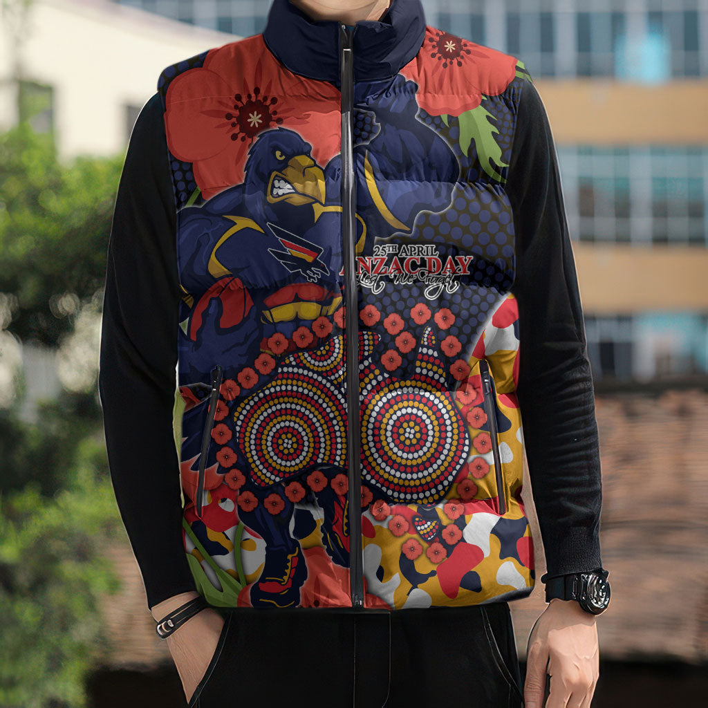 Adelaide Crows ANZAC Day Tribute Sleeveless Puffer Jacket Indigenous Dot Art Poppy Remembrance Football Warrior