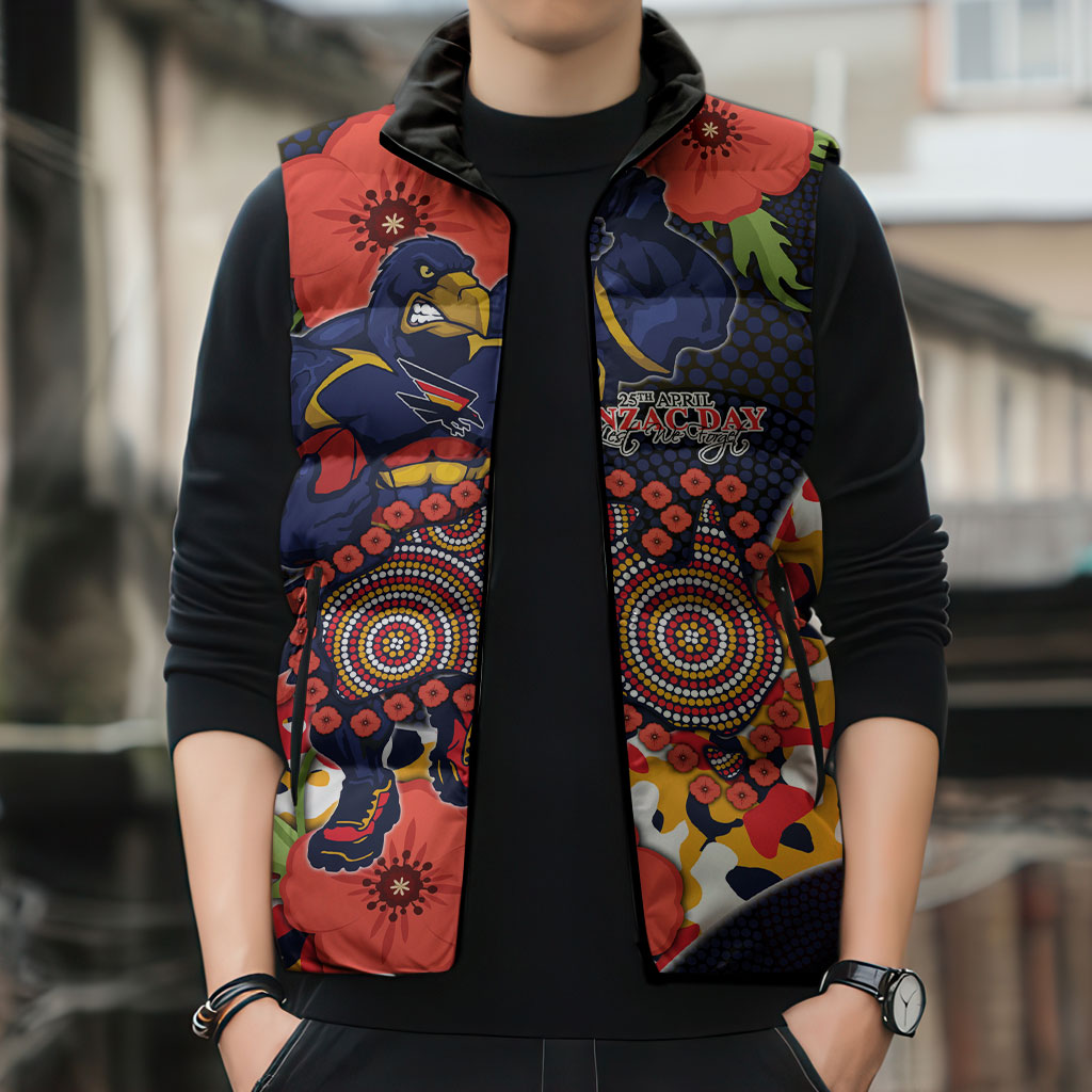 Adelaide Crows ANZAC Day Tribute Sleeveless Puffer Jacket Indigenous Dot Art Poppy Remembrance Football Warrior