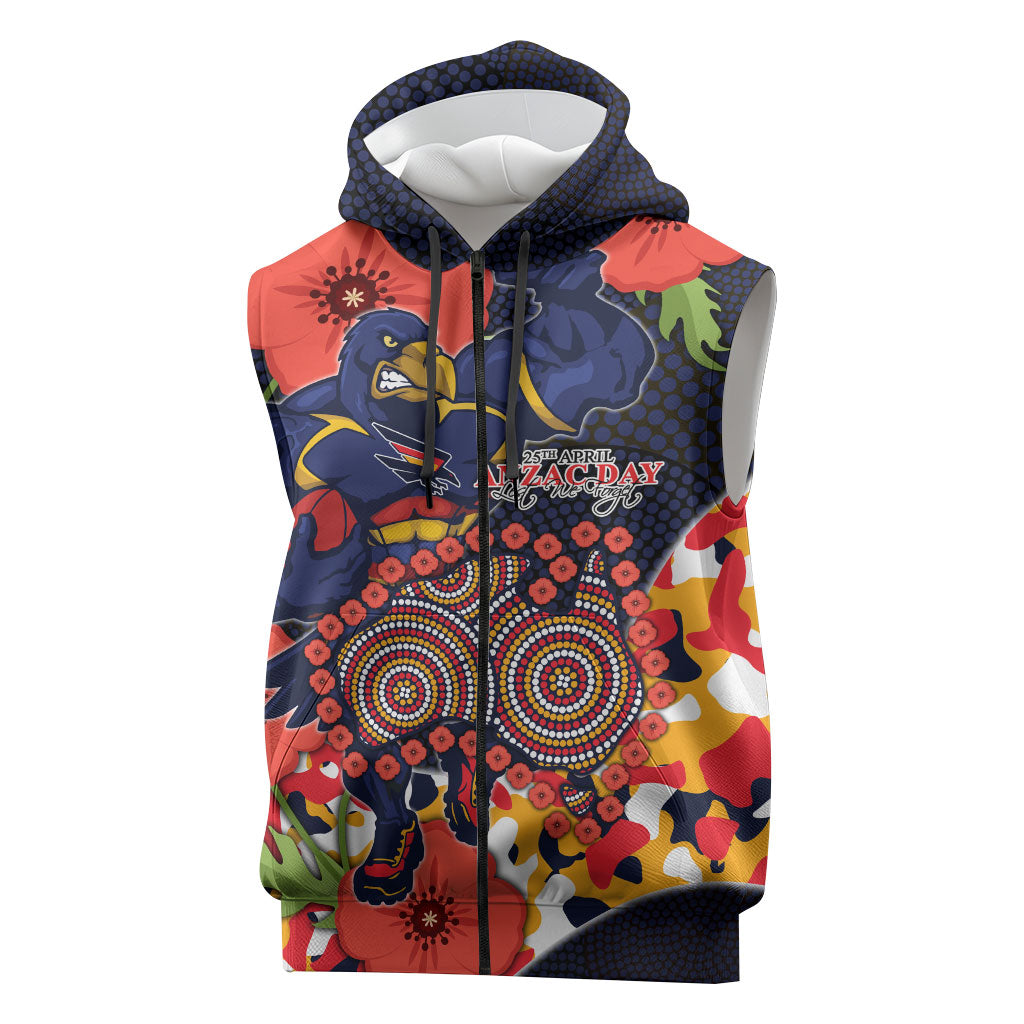 Adelaide Crows ANZAC Day Tribute Sleeveless Zip Hoodie Indigenous Dot Art Poppy Remembrance Football Warrior