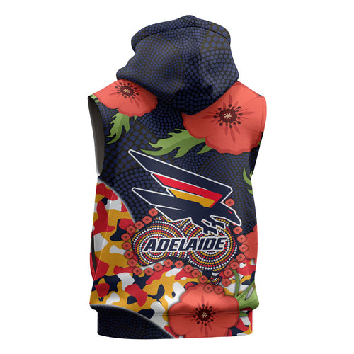 Adelaide Crows ANZAC Day Tribute Sleeveless Zip Hoodie Indigenous Dot Art Poppy Remembrance Football Warrior