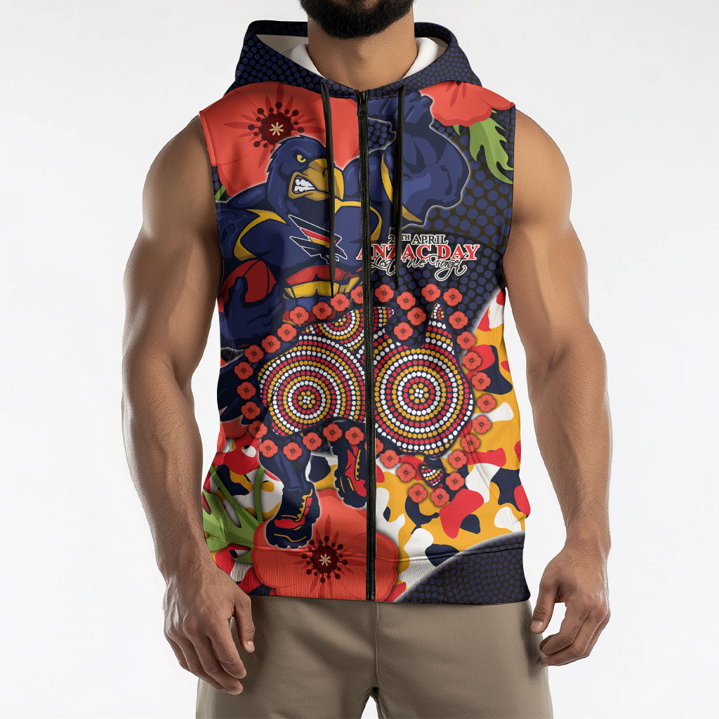 Adelaide Crows ANZAC Day Tribute Sleeveless Zip Hoodie Indigenous Dot Art Poppy Remembrance Football Warrior
