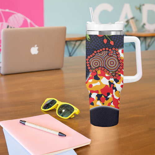 Adelaide Crows ANZAC Day Tribute Tumbler With Handle Indigenous Dot Art Poppy Remembrance Football Warrior