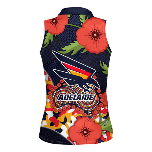 Adelaide Crows ANZAC Day Tribute Women Sleeveless Polo Shirt Indigenous Dot Art Poppy Remembrance Football Warrior