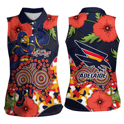 Adelaide Crows ANZAC Day Tribute Women Sleeveless Polo Shirt Indigenous Dot Art Poppy Remembrance Football Warrior