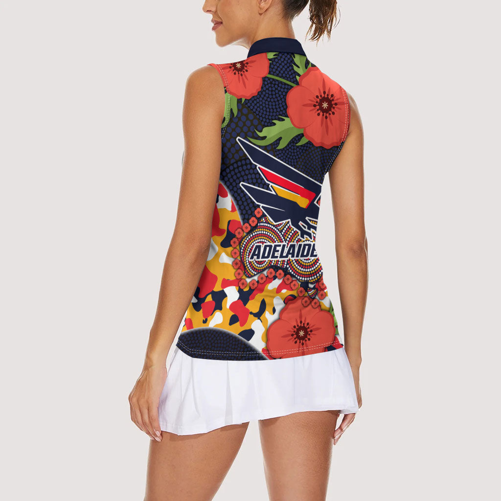 Adelaide Crows ANZAC Day Tribute Women Sleeveless Polo Shirt Indigenous Dot Art Poppy Remembrance Football Warrior