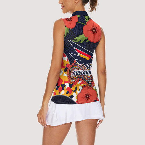 Adelaide Crows ANZAC Day Tribute Women Sleeveless Polo Shirt Indigenous Dot Art Poppy Remembrance Football Warrior