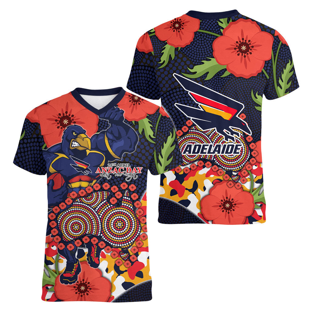 Adelaide Crows ANZAC Day Tribute Women V-Neck T-Shirt Indigenous Dot Art Poppy Remembrance Football Warrior