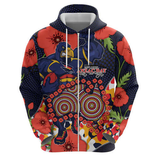 Adelaide Crows ANZAC Day Tribute Zip Hoodie Indigenous Dot Art Poppy Remembrance Football Warrior