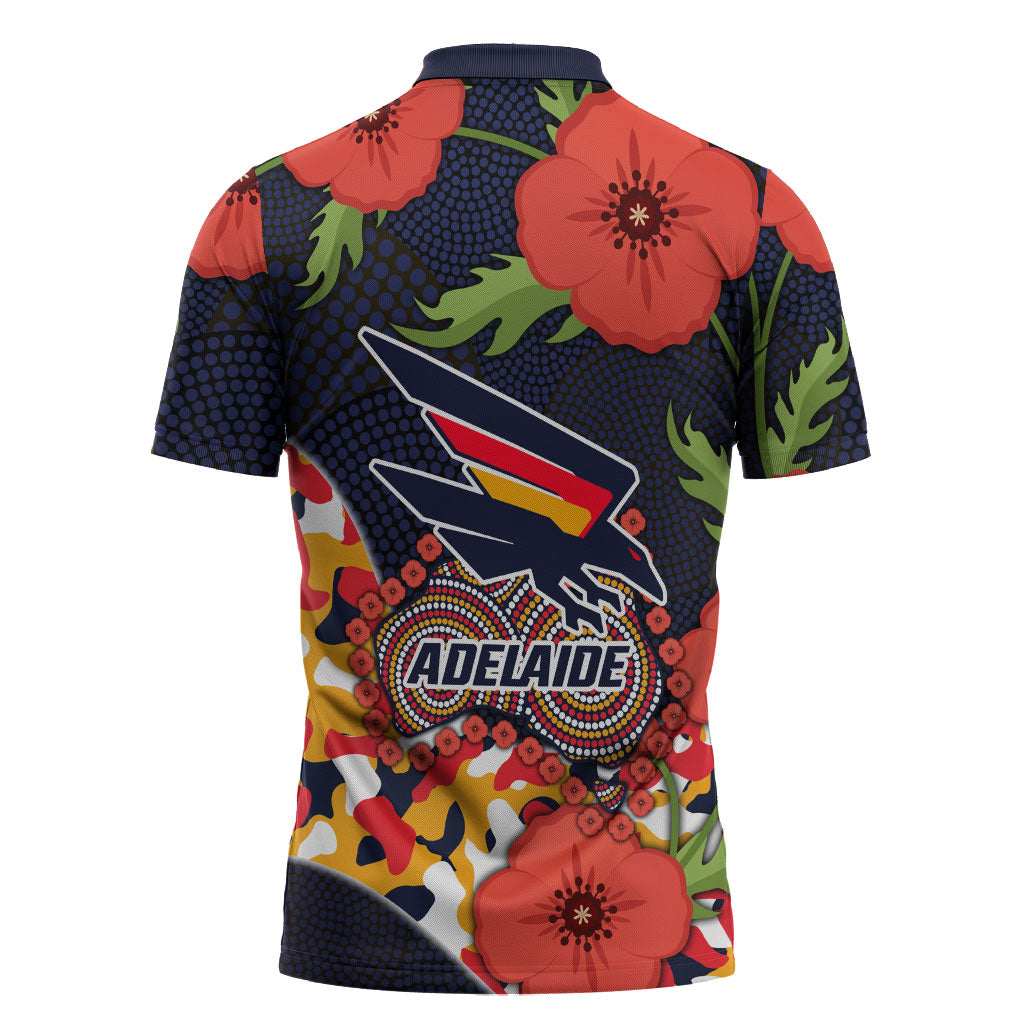Adelaide Crows ANZAC Day Tribute Zipper Polo Shirt Indigenous Dot Art Poppy Remembrance Football Warrior