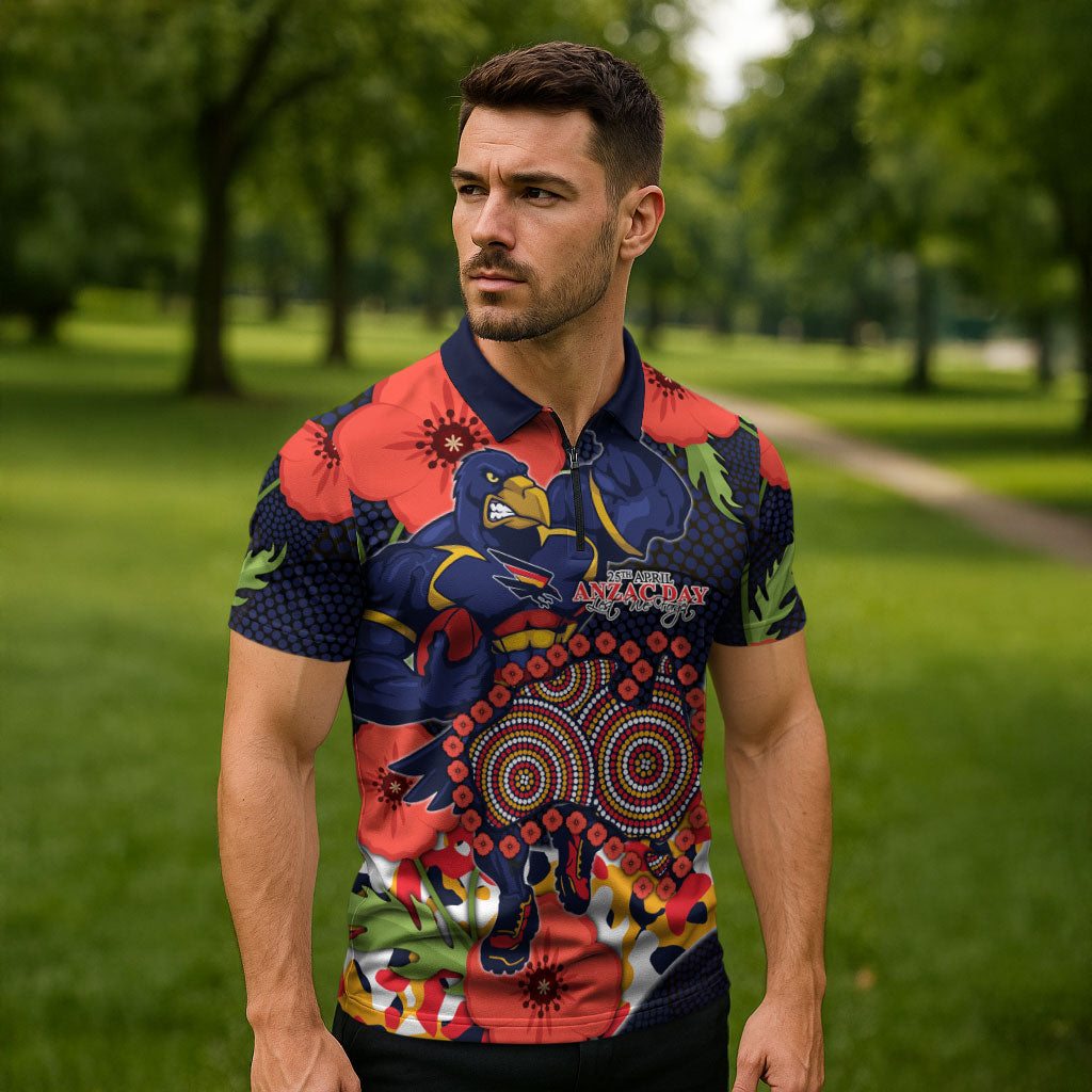 Adelaide Crows ANZAC Day Tribute Zipper Polo Shirt Indigenous Dot Art Poppy Remembrance Football Warrior