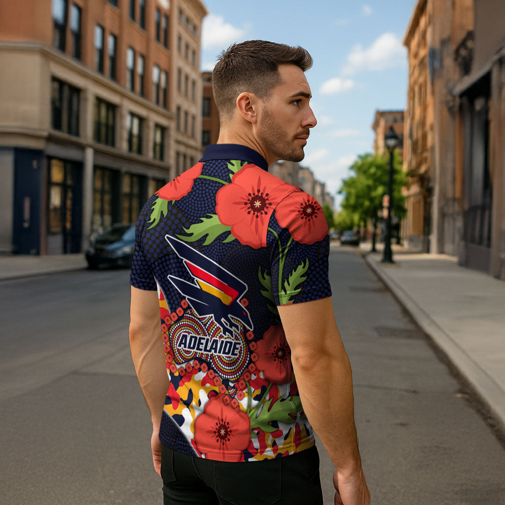 Adelaide Crows ANZAC Day Tribute Zipper Polo Shirt Indigenous Dot Art Poppy Remembrance Football Warrior