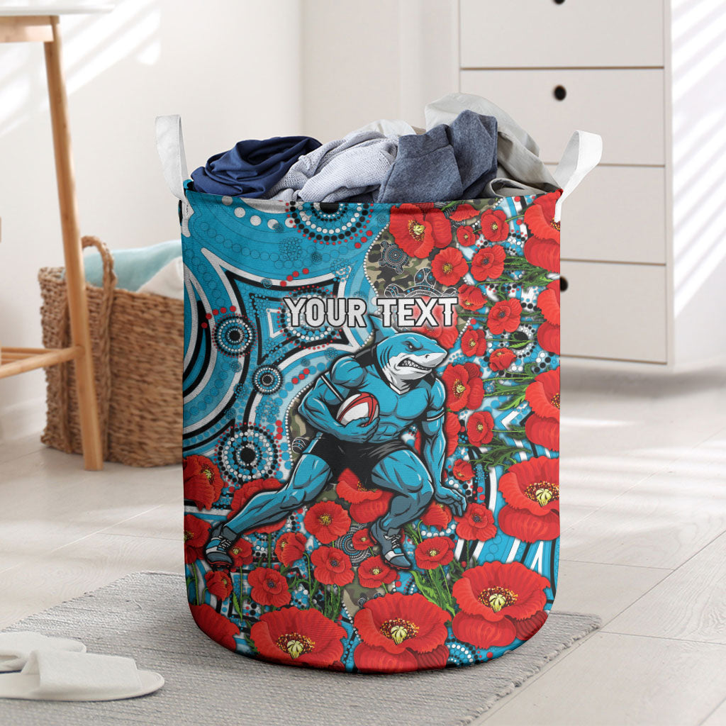Personalised Cronulla Sharks ANZAC Laundry Basket Indigenous Wave Pattern Poppy Remembrance Shark Warrior