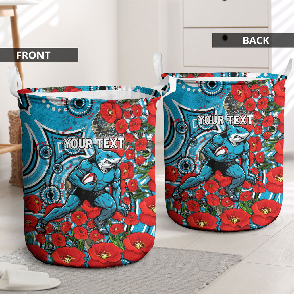 Personalised Cronulla Sharks ANZAC Laundry Basket Indigenous Wave Pattern Poppy Remembrance Shark Warrior