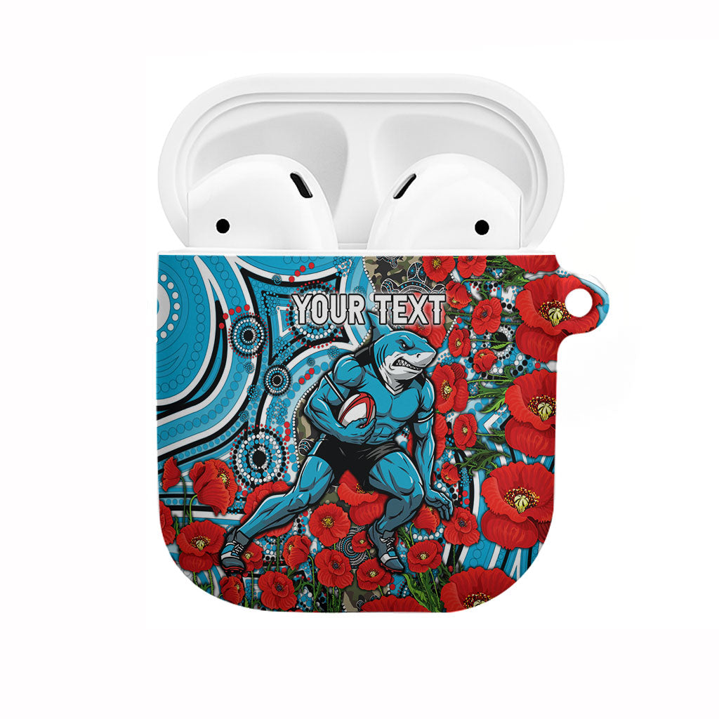 Personalised Cronulla Sharks ANZAC AirPods Case Indigenous Wave Pattern Poppy Remembrance Shark Warrior