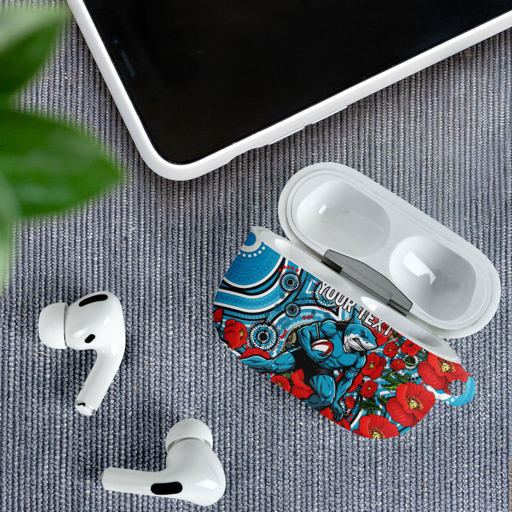 Personalised Cronulla Sharks ANZAC AirPods Case Indigenous Wave Pattern Poppy Remembrance Shark Warrior